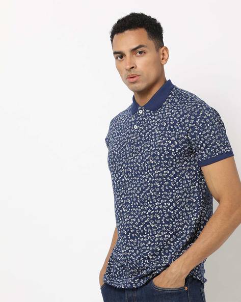 Floral Print Polo T-shirt with Ribbed Hems