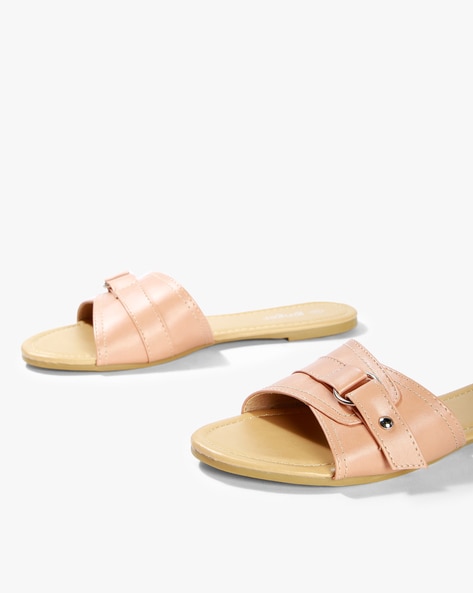 Ladies Slip On Buckle Sandals Womens Flat Open Toe Mule Sliders Studded Summer