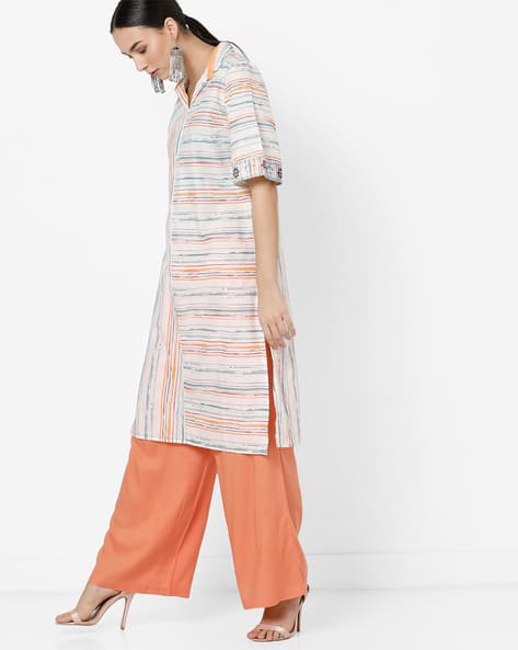Printed Straight Kurta With Embroidery By AJIO ( Offwhite )