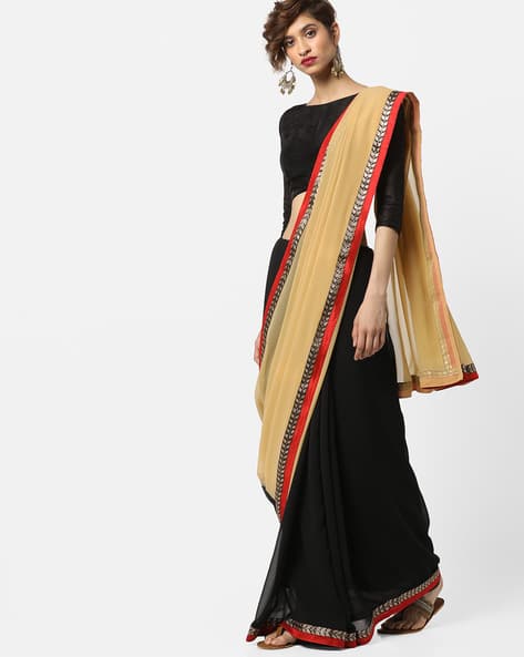 Colourblock Chiffon Saree With Contrast Border By Florence ( Cream )