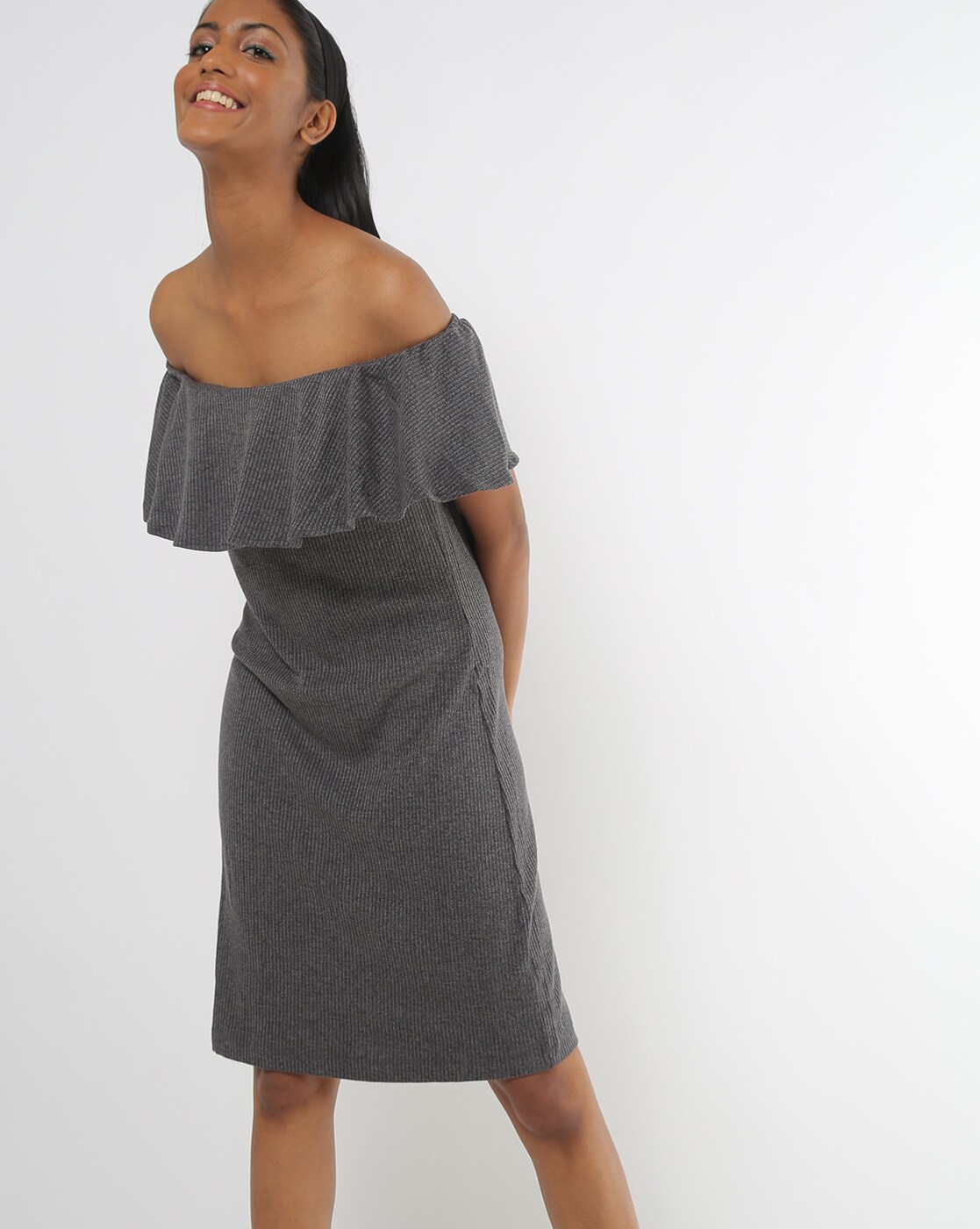 grey off the shoulder dress