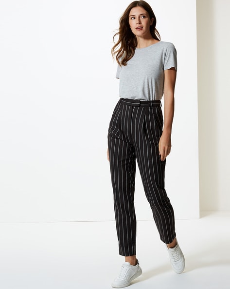 striped navy trousers