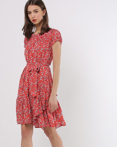 Floral Print A-line Dress with Fabric Belt