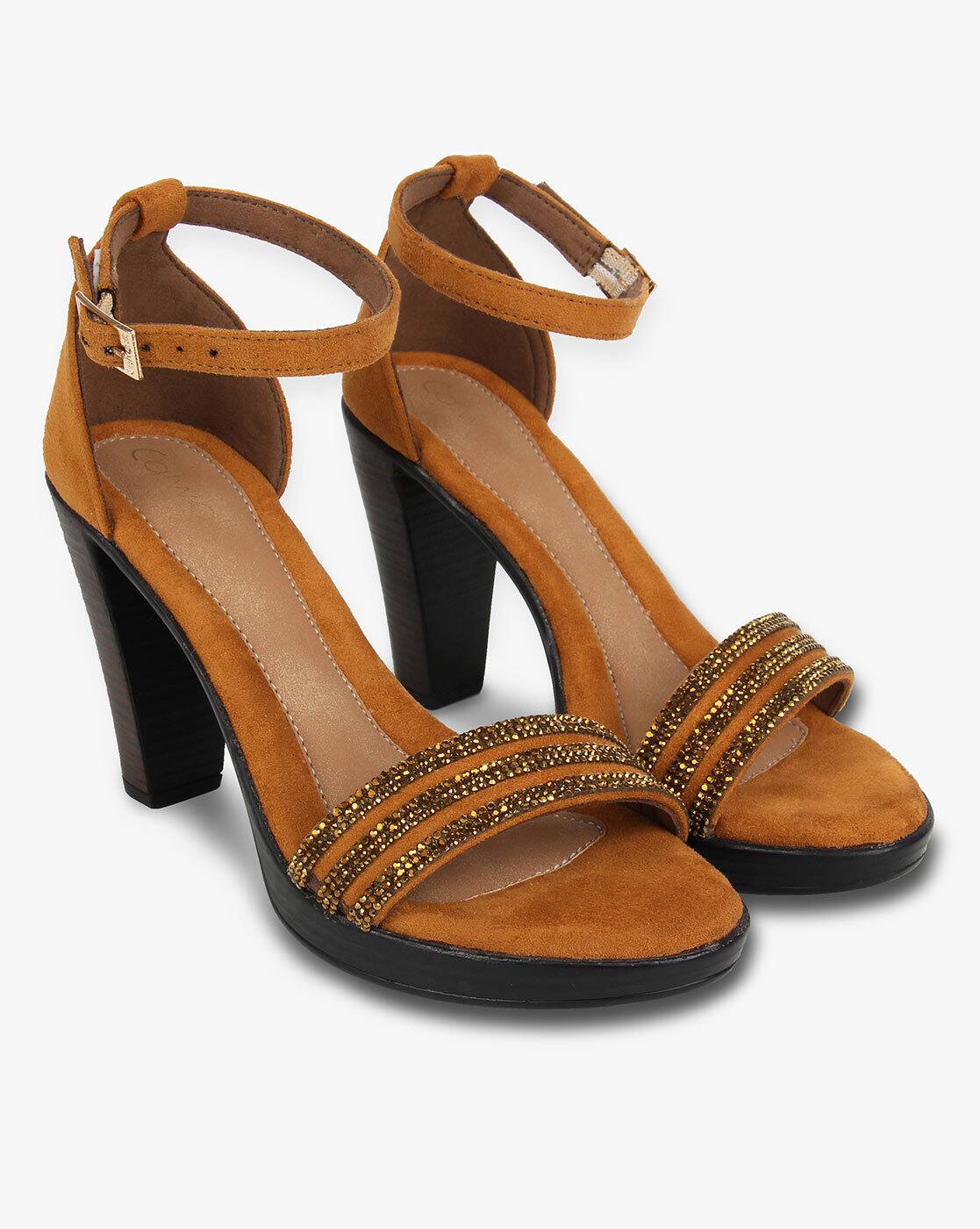 Brown Tatacliq Catwalk Embellished Heeled Sandals With Buckle Closure - Main Image