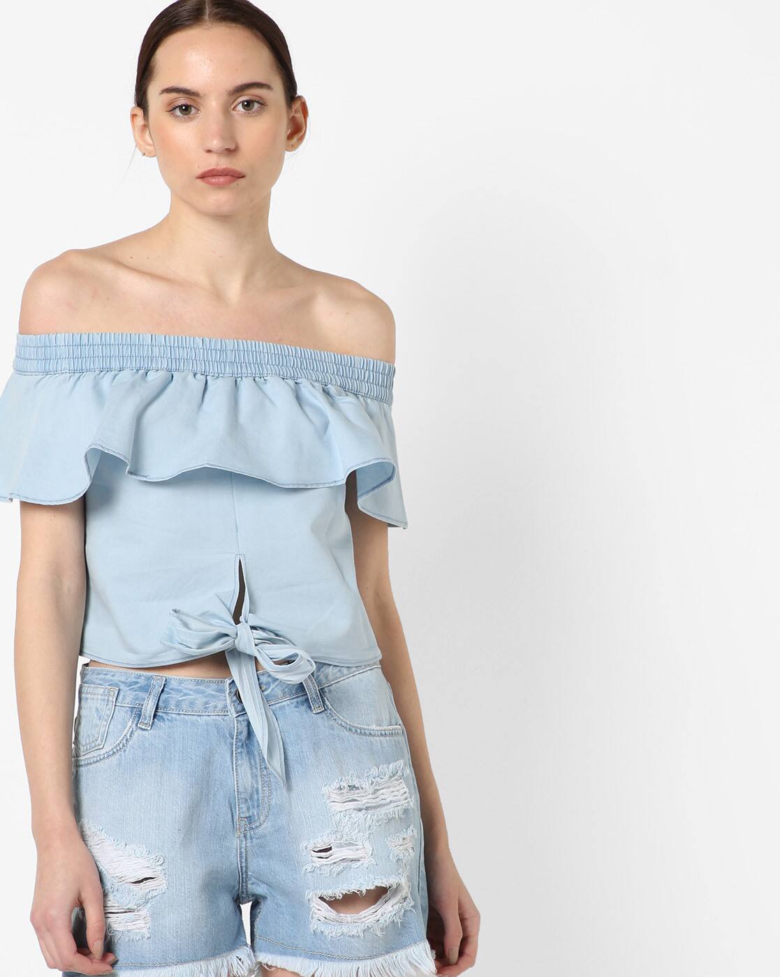 denim off shoulder crop top