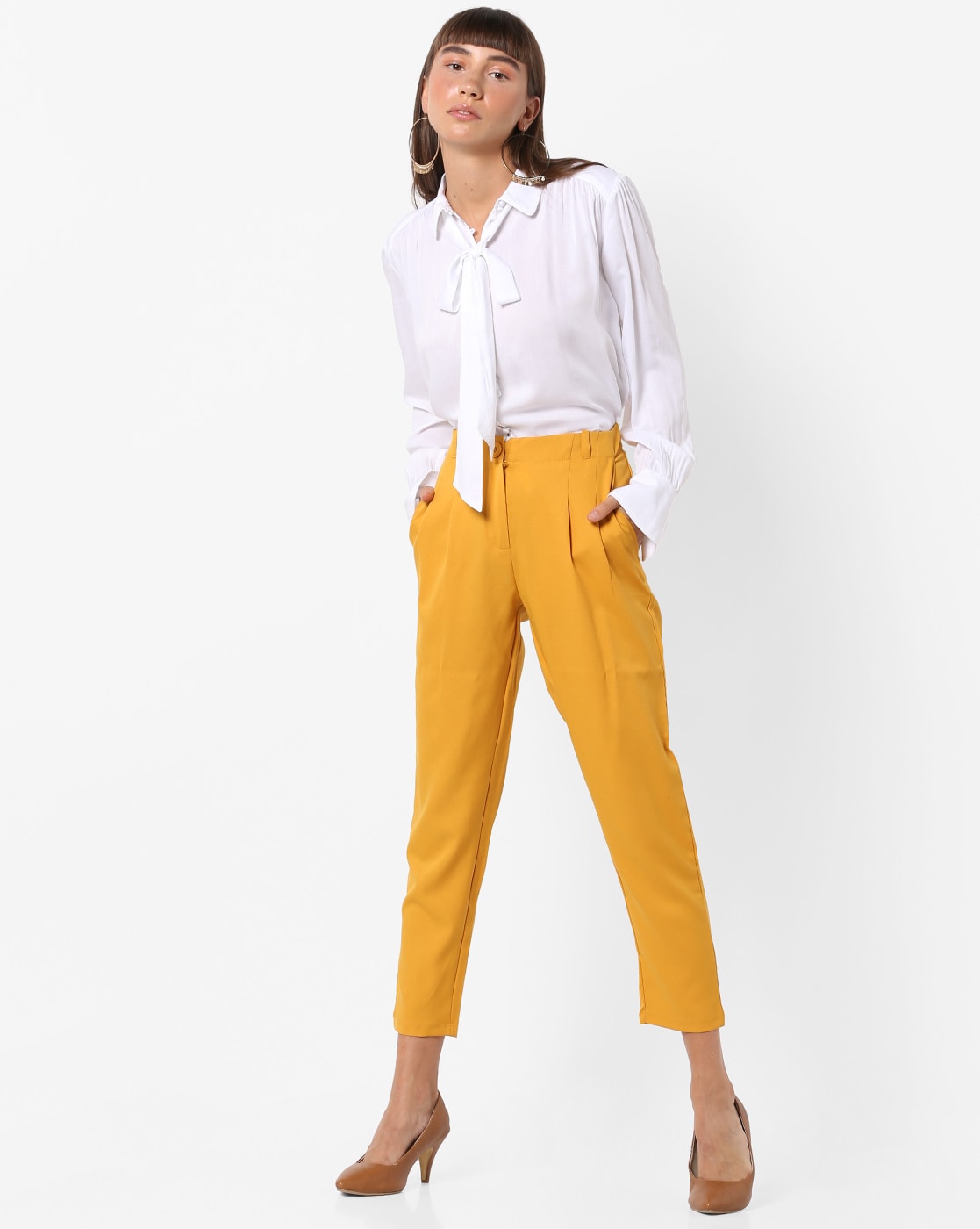 Buy JUNIPER Womens Mango Yellow Cotton Solid Straight Pants With Side  Pocket  Shoppers Stop