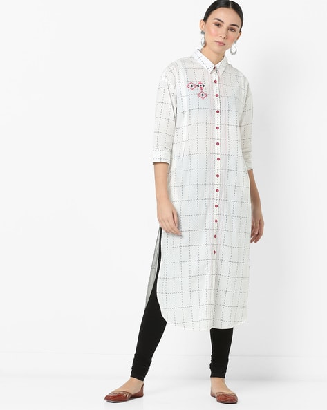 Checked Straight Kurta With Embroidery By AJIO ( Offwhite )