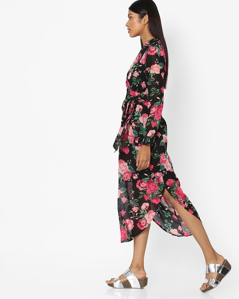 SASSAFRAS Black & Pink Floral Waist Cut-Out Maxi Dress