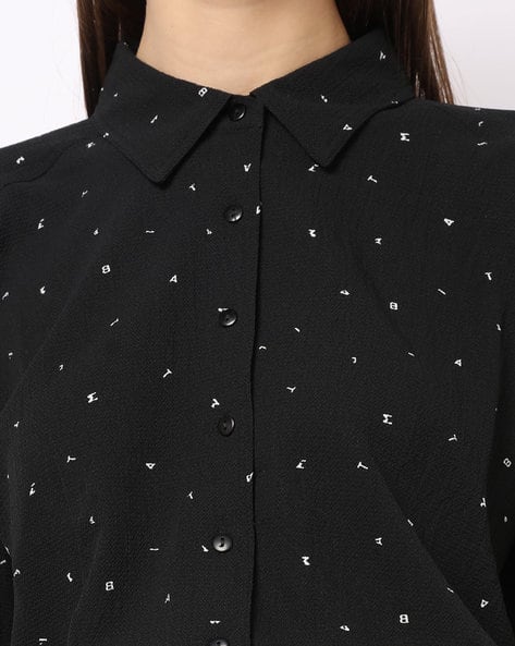 Text Print Shirt with Elasticated Hemline (Image - 3)