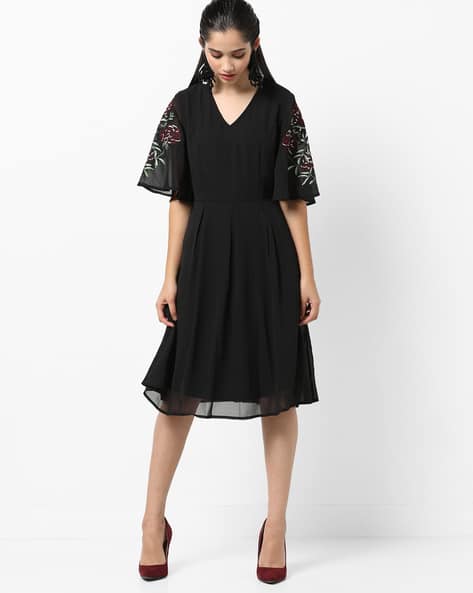 Fit & Flare Dress With Floral Embroidered Sleeves By Femella ( Black )