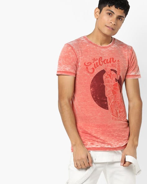 Graphic Print T-shirt with Washed Effect