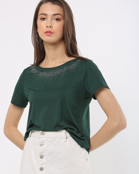 Round-Neck T-shirt with Embellished Neckline