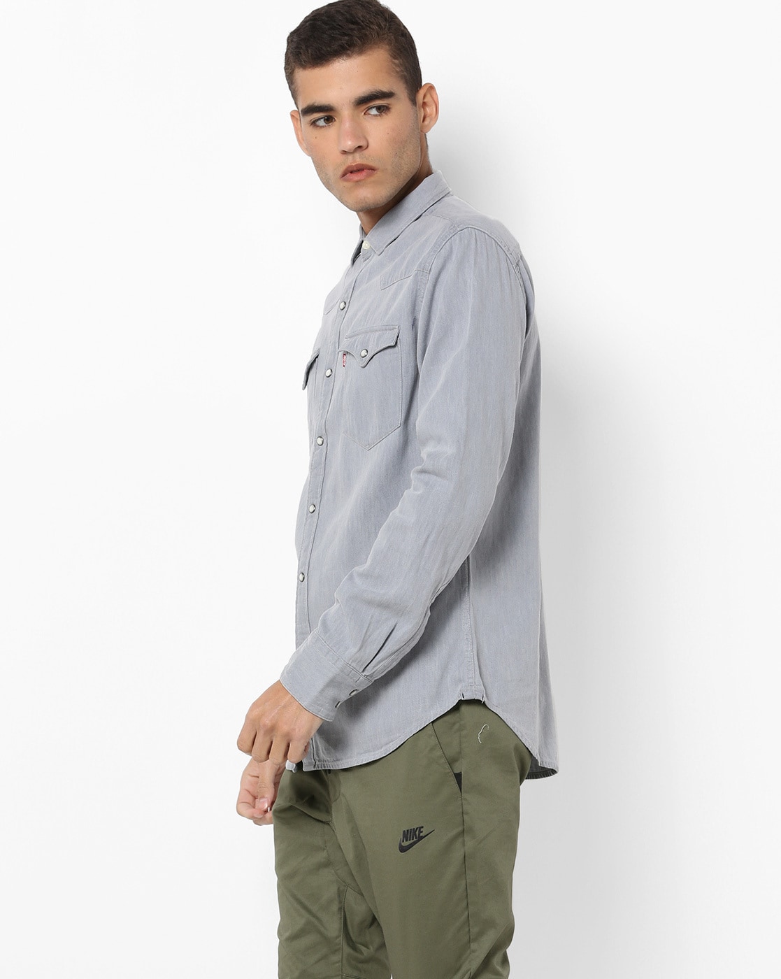 Ash-grey denim Western shirt, Levi's, Shop Men's Solid Shirts Online