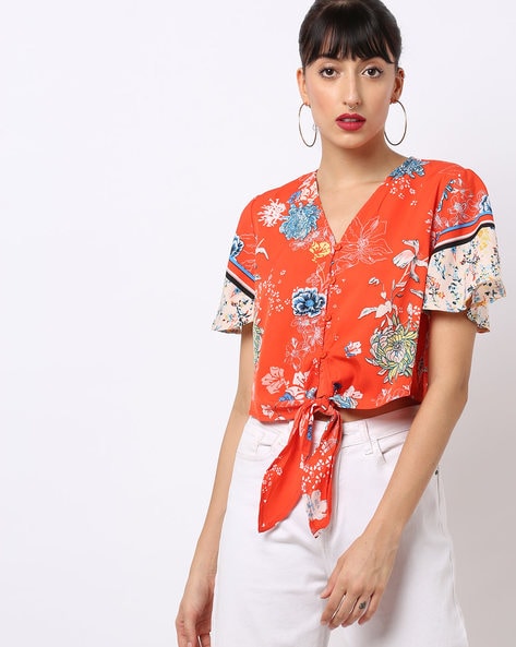 Floral Print Cropped Blouse with Tie-Up