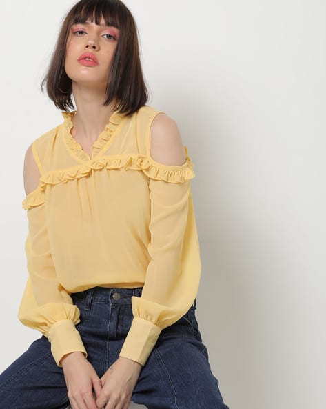 mustard yellow cold shoulder top