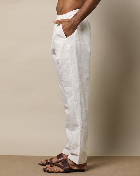 Beige Straight Cotton Khadi Pants with Pockets – TJORI