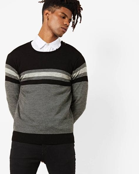 Colourblock Textured Crew-Neck Pullover By AJIO ( Grey )