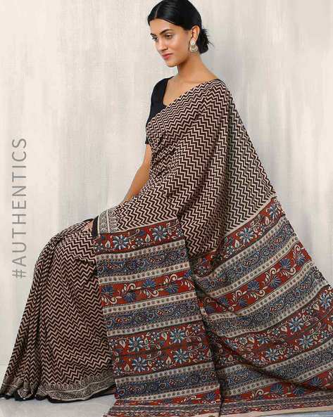 GREY KALAMKARI SILK SAREE WITH BLOUSE - Roots Tale