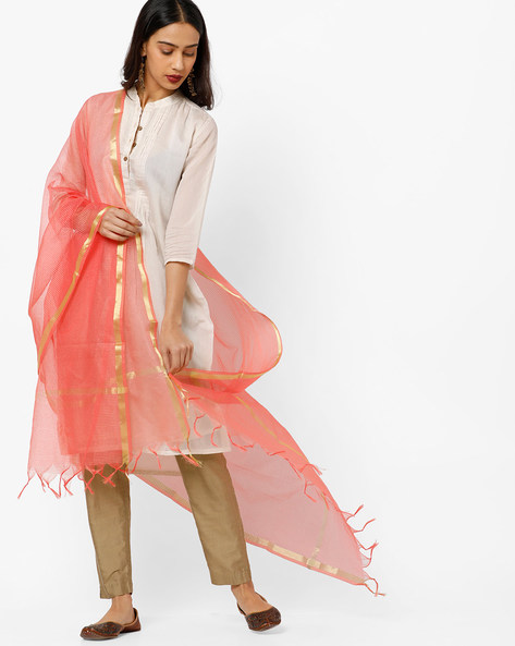 Self-Checked Chanderi Dupatta with Tassels Price in India