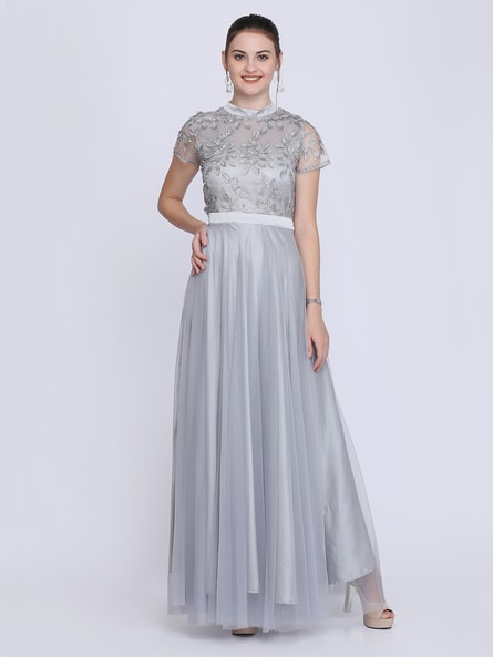 Buy Pista Green Stonework Net Designer Gown - Koskii