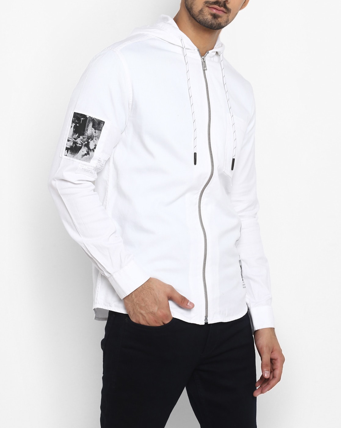 mufti white slim fit hooded shirt