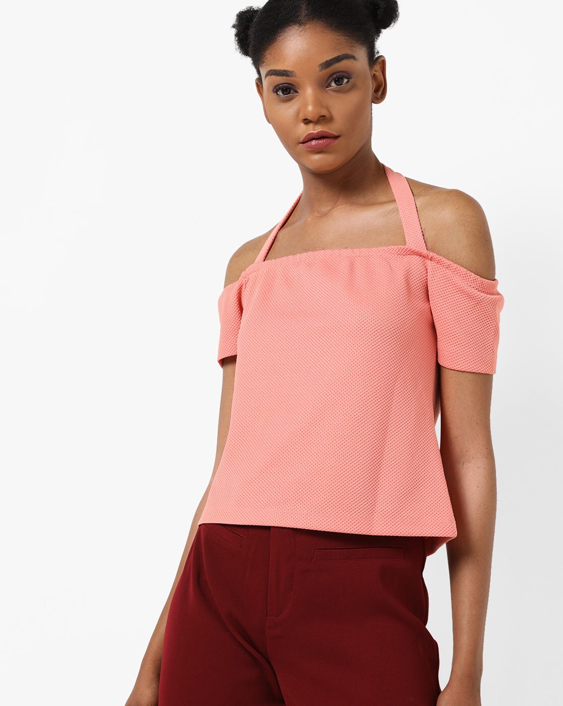 peach halter neck ruffle top