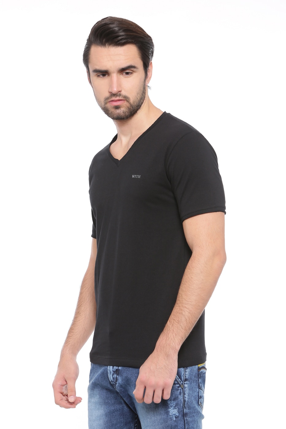 Buy Black WITH Slim Fit V-neck T-shirt | AJIO
