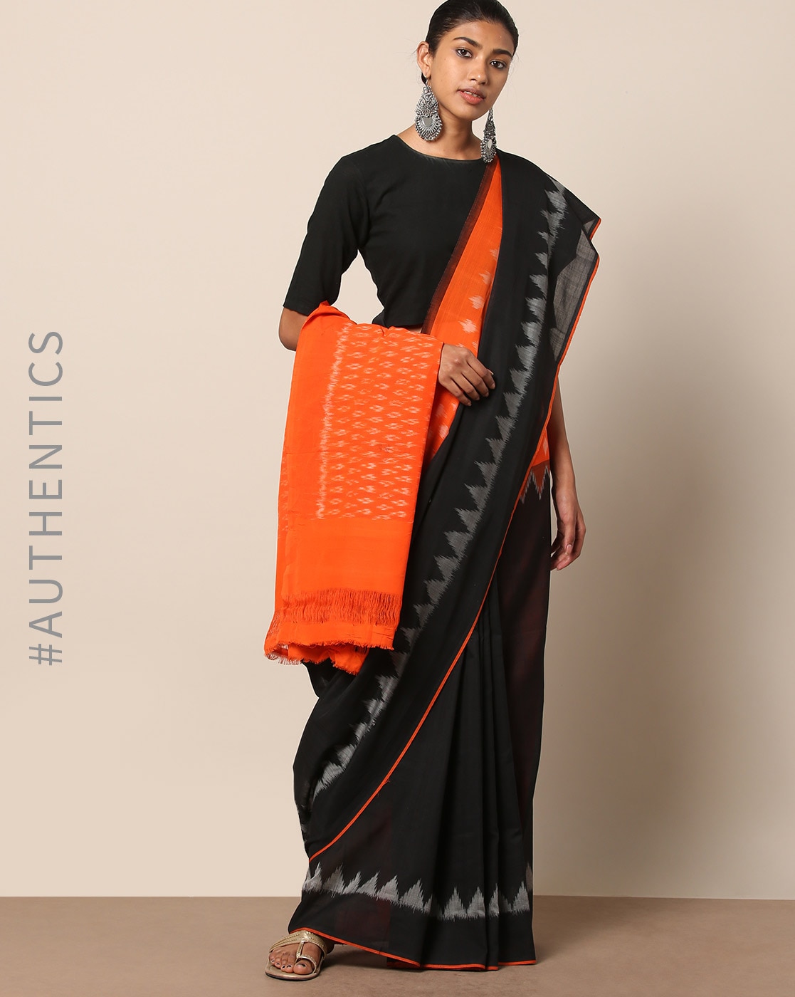 Red Orange and Black Sambalpuri Cotton Saree – Aabhaari