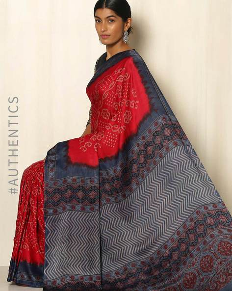 Ajrak Printed Georgette Brasso Saree in Navy Blue : SKGA1557