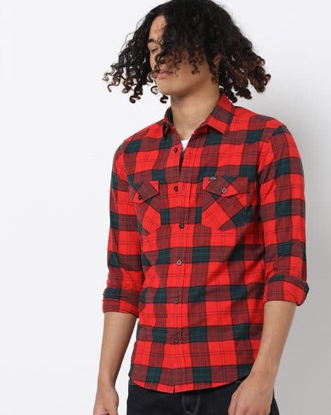 Slim Fit Checked Shirt with Button Flap Pockets
