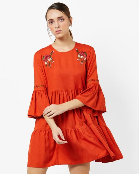 Floral Embroidered Tiered Dress With Bell Sleeves By AJIO ( Amber )
