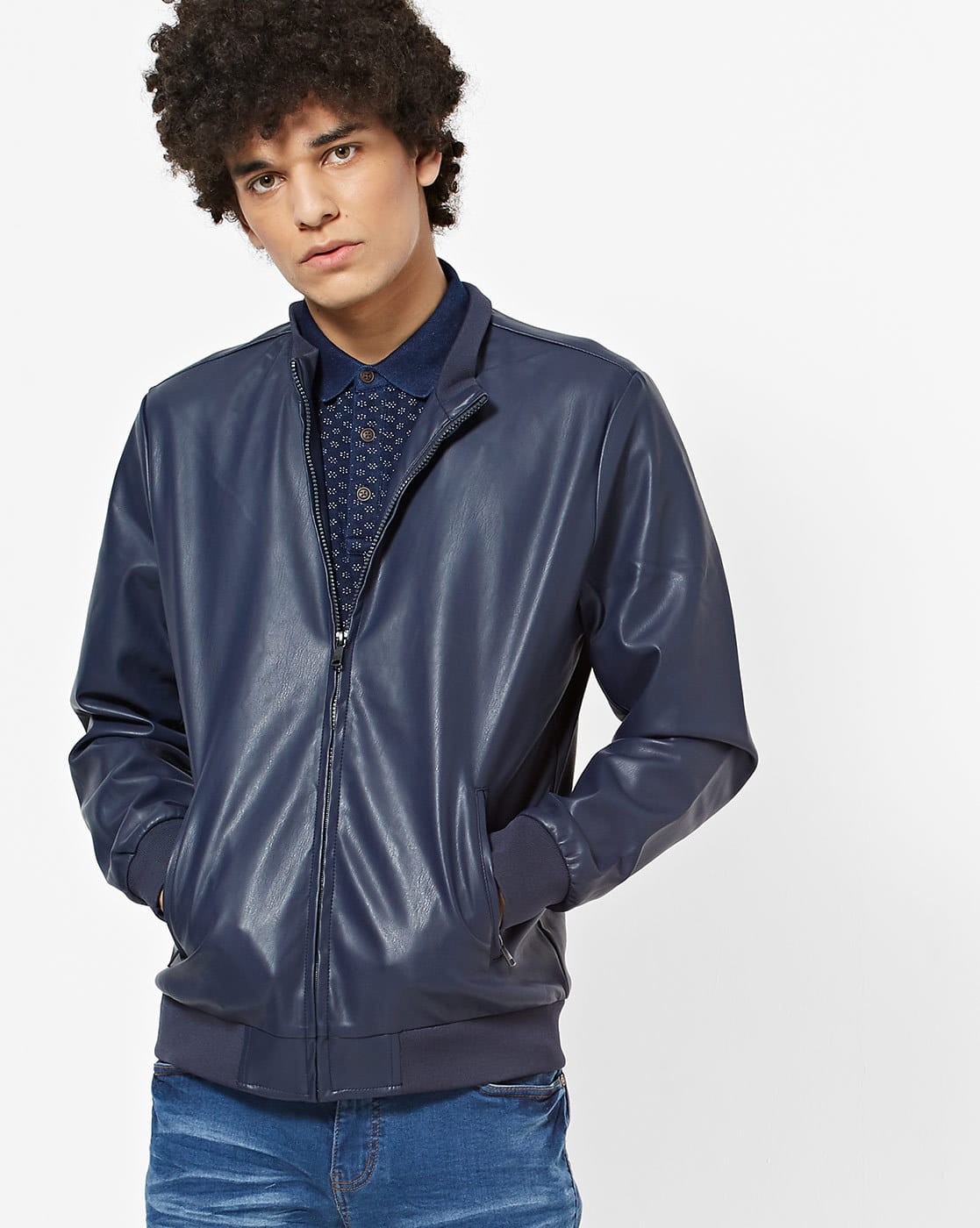 Zip Front Biker Jacket With Ribbed Hems