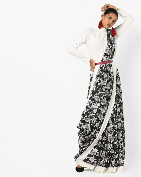 Floral Print Chiffon Saree With Contrast Border By Vastrangi ( Black )