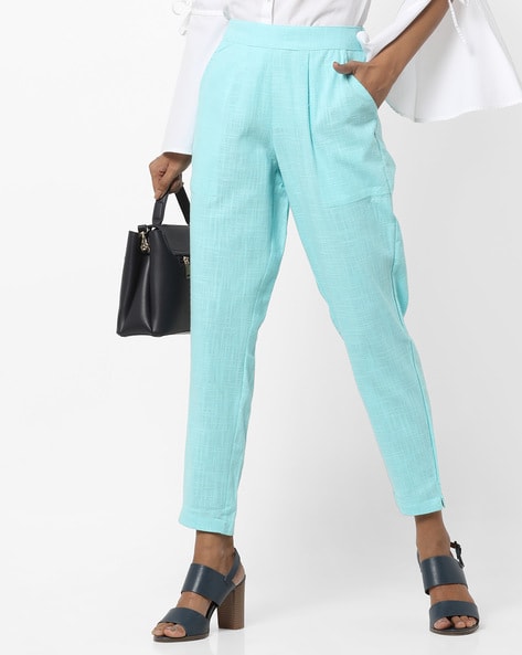 Pleated Cotton Trousers with Semi-Elasticated Waist Price in India