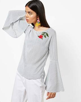 Round-Neck Striped Top with Floral Embroidery