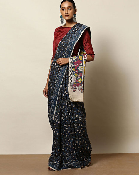 Buy Shangrila Designer Women's Kalamkari Printed Mangalagiri Linen Cotton  Saree with Blouse Piece (Blue, 51803) at Amazon.in