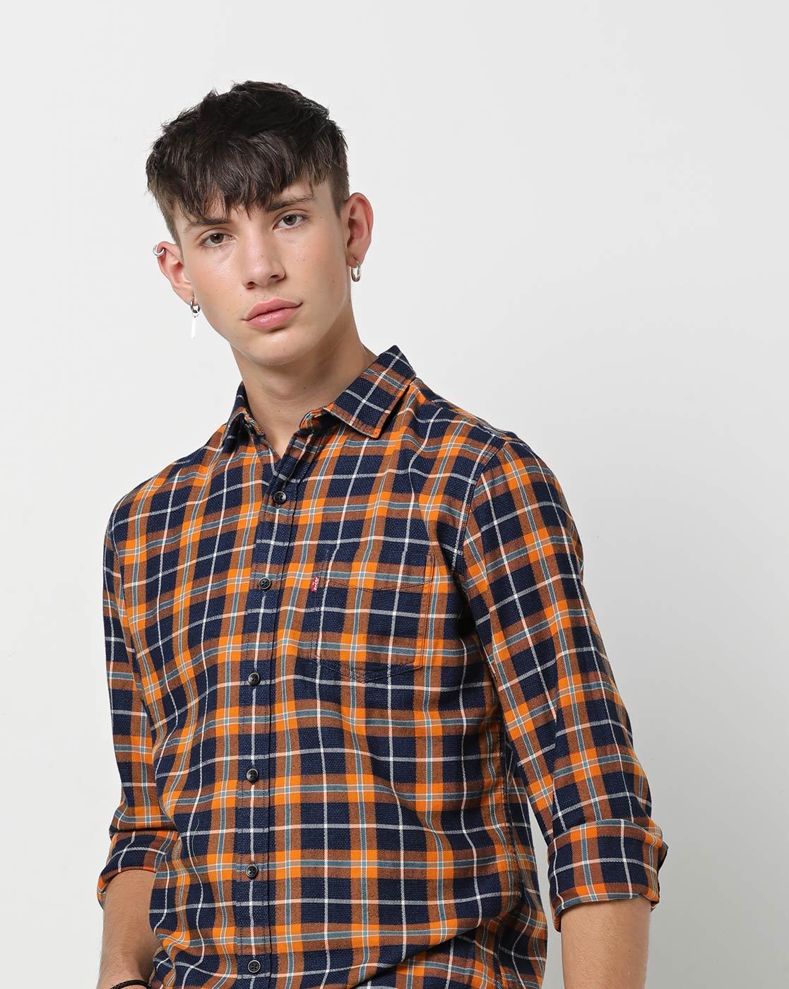 blue orange check shirt