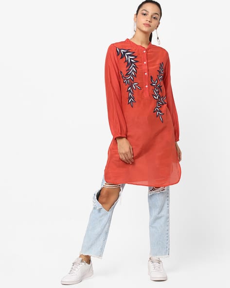 Embroidered Straight Tunic With Cuffed Sleeves By Rena Love ( Red )