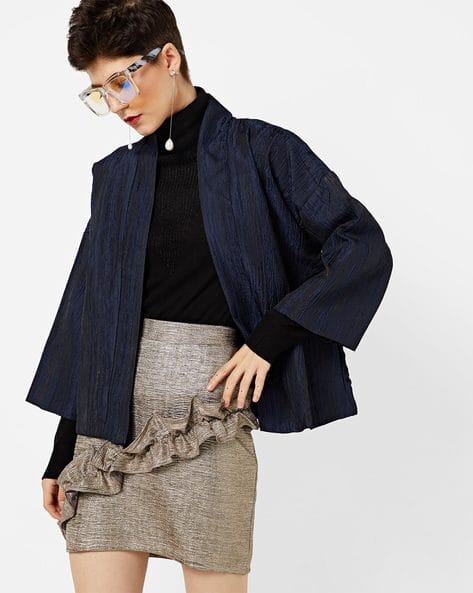 Textured Open-Front Jacket With Drop Shoulders By AJIO ( Blue )