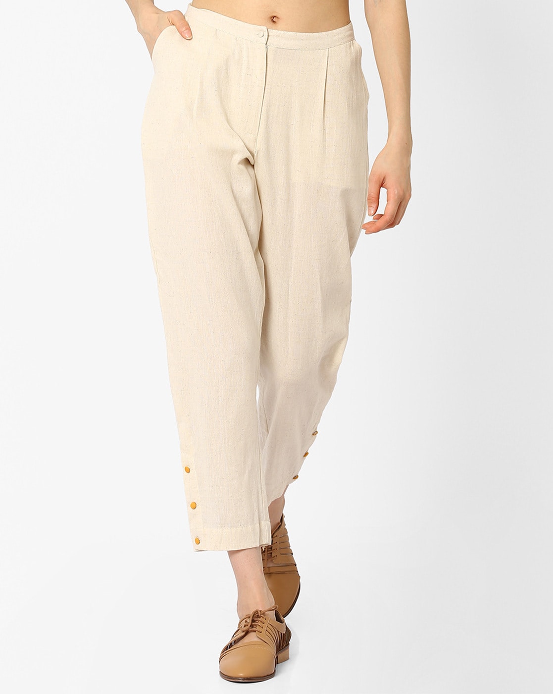 Buy JUNIPER Off White Womens Offwhite Cotton Solid Cigarette Pants With  Side Pocket  Shoppers Stop