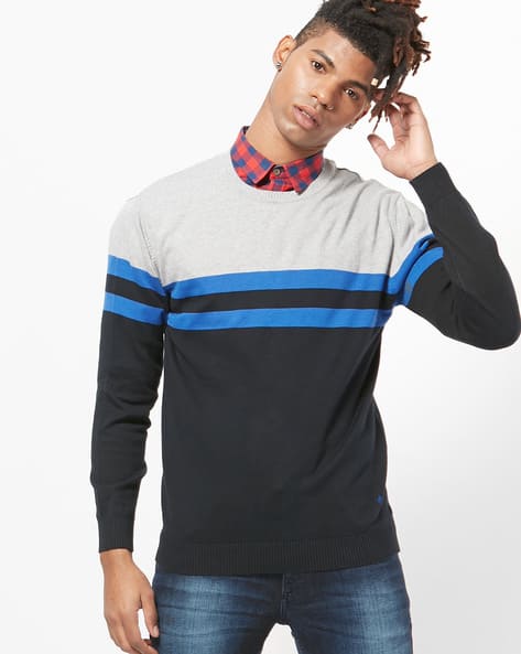Colourblock Crew-Neck Pullover By JOHN PLAYERS ( Blue )