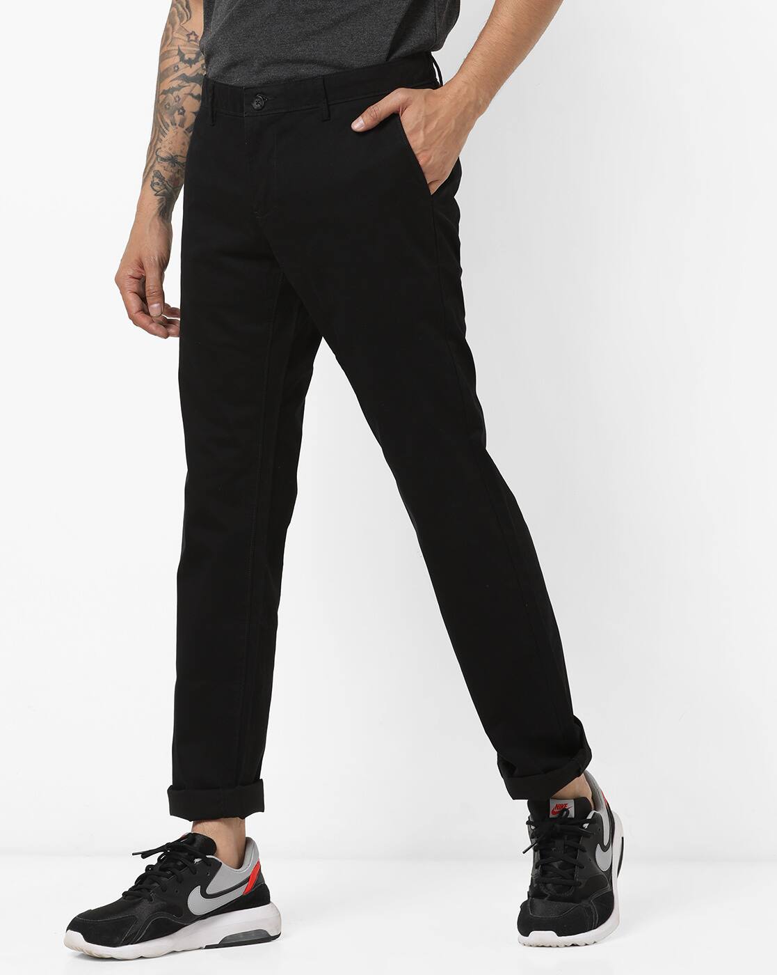 low rise black trousers