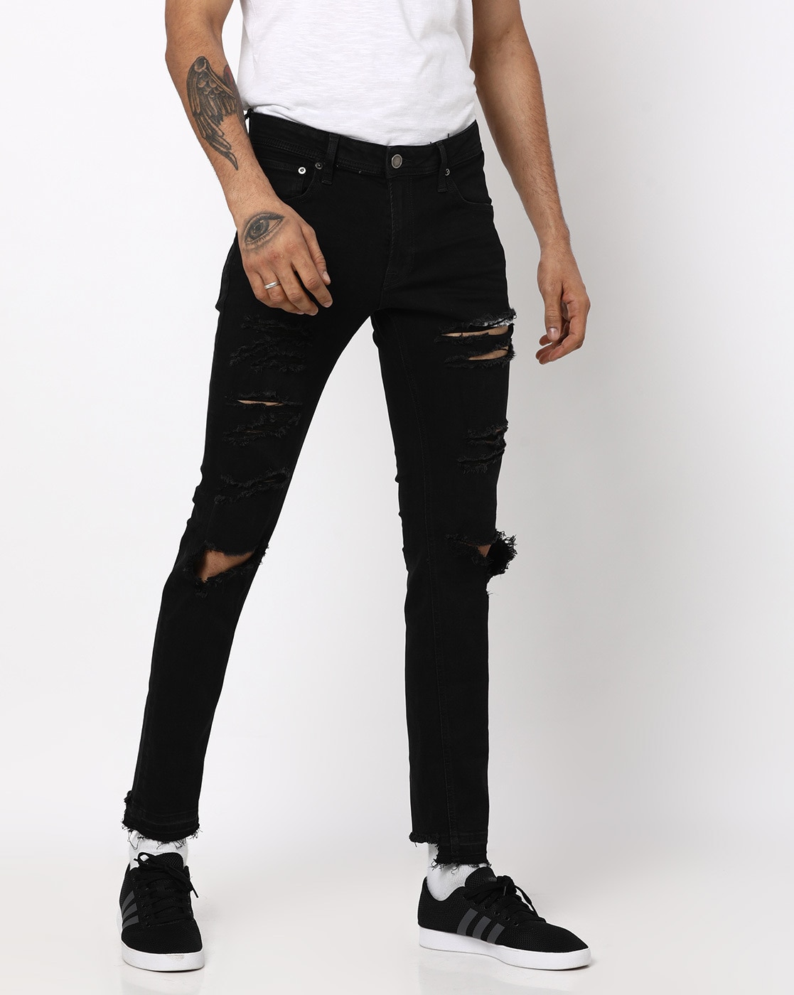 Denim Comfort Fit Damler Mens Knee Cut Black Ripped Jeans Waist Size 2834