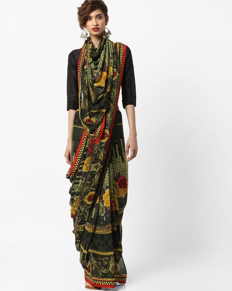 Floral Print Chiffon Saree With Checked Border By Florence ( Green )