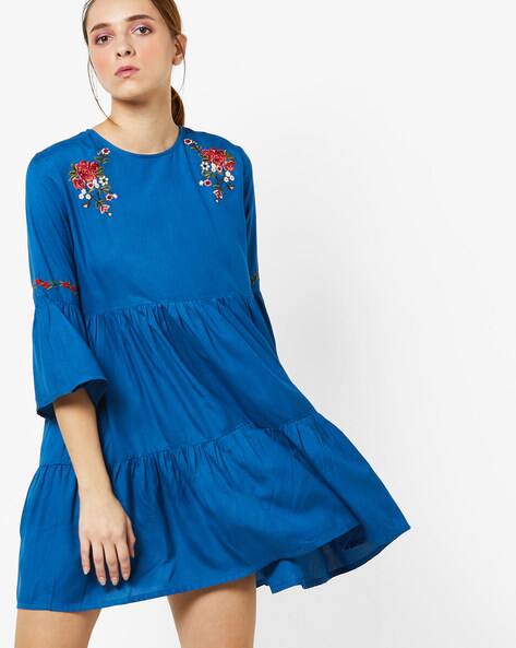 Floral Embroidered Tiered Dress With Bell Sleeves By AJIO ( Cobalt )