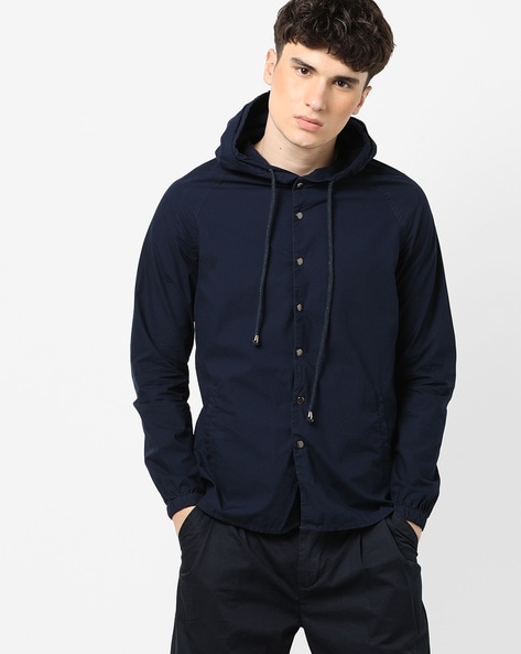 blue hooded shirt