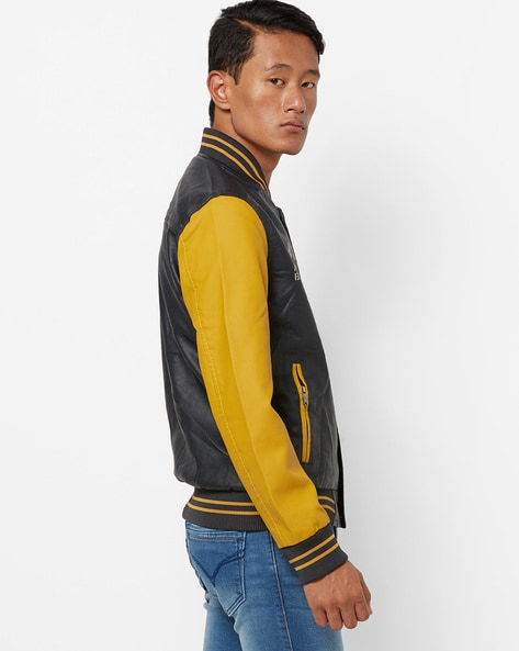 The Indian Garage Co Men Black & Mustard Yellow Embroidered Varsity Jacket