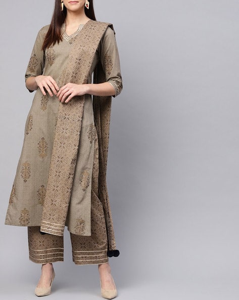 Printed Grey Long Kurti With Palazzo