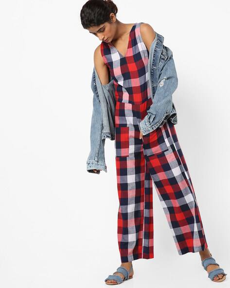 Checked Sleeveless Jumpsuit With Oversized Pockets By AJIO ( Blue )