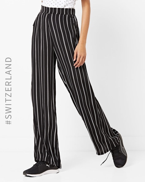 Black High Rise Striped Straight Fit Pants